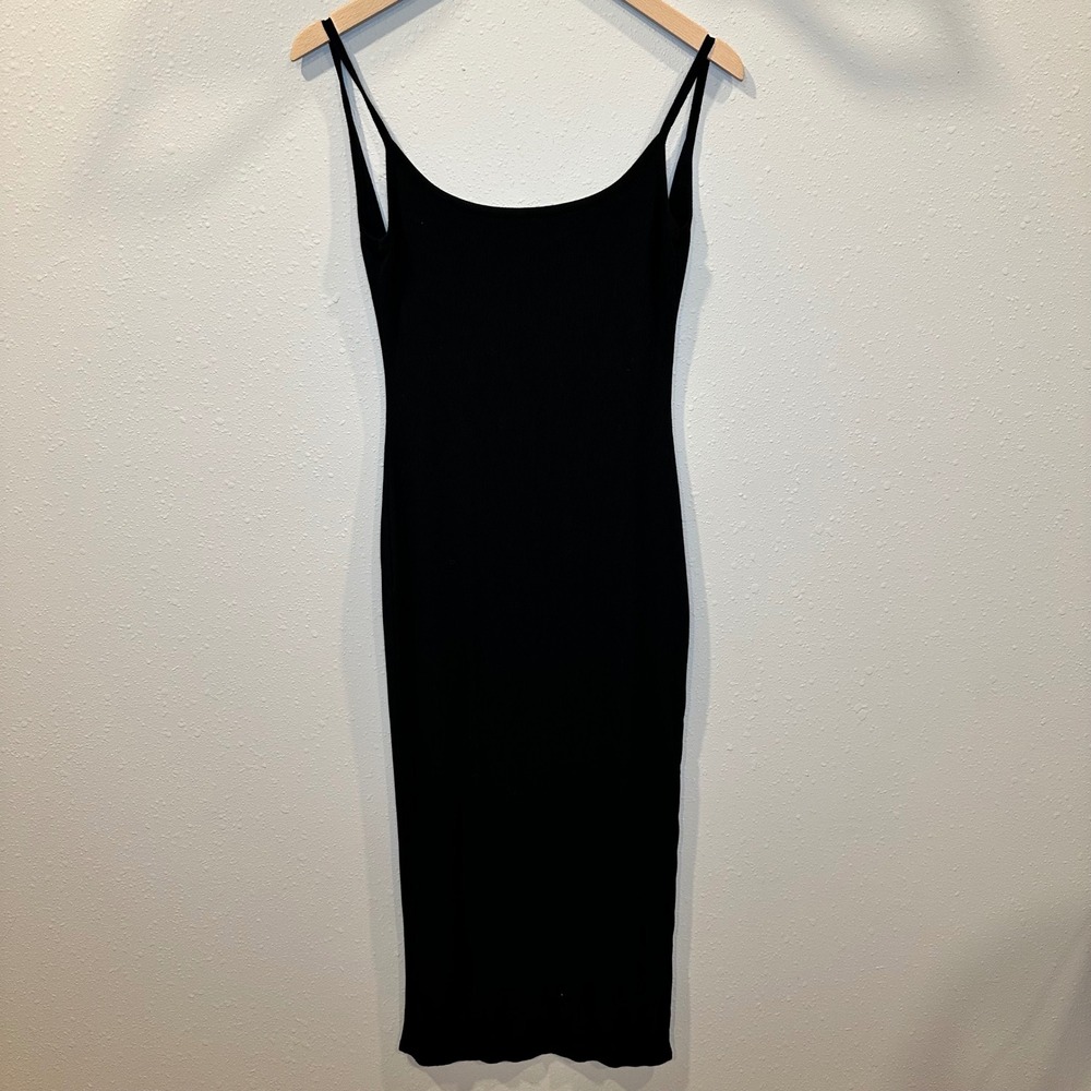 Ribbed Bodycon Midi Dress Womens Medium Black Low Back Spaghetti Strap LBD
